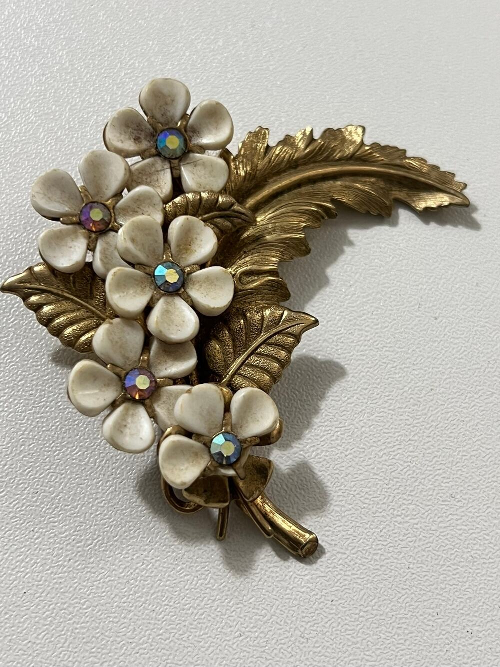 Vintage EMMONS Brooch Enamel Flower Rhinestone Gold Tone Floral Pin Signed